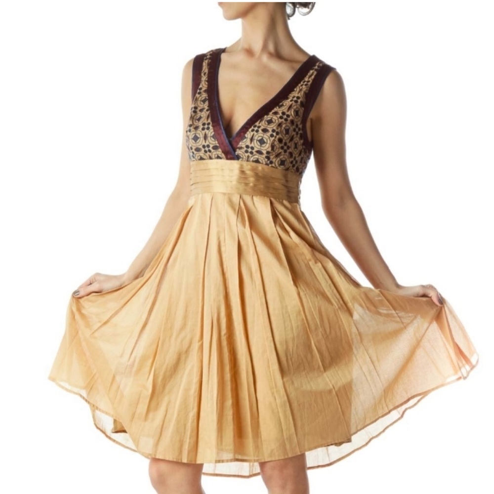 CATHERINE MALANDRINO Silk Cotton Beige Navy Fit Flare
Sleeveless Dress Small/4
